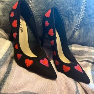 JustFab Black Heels with Red Heart Accents